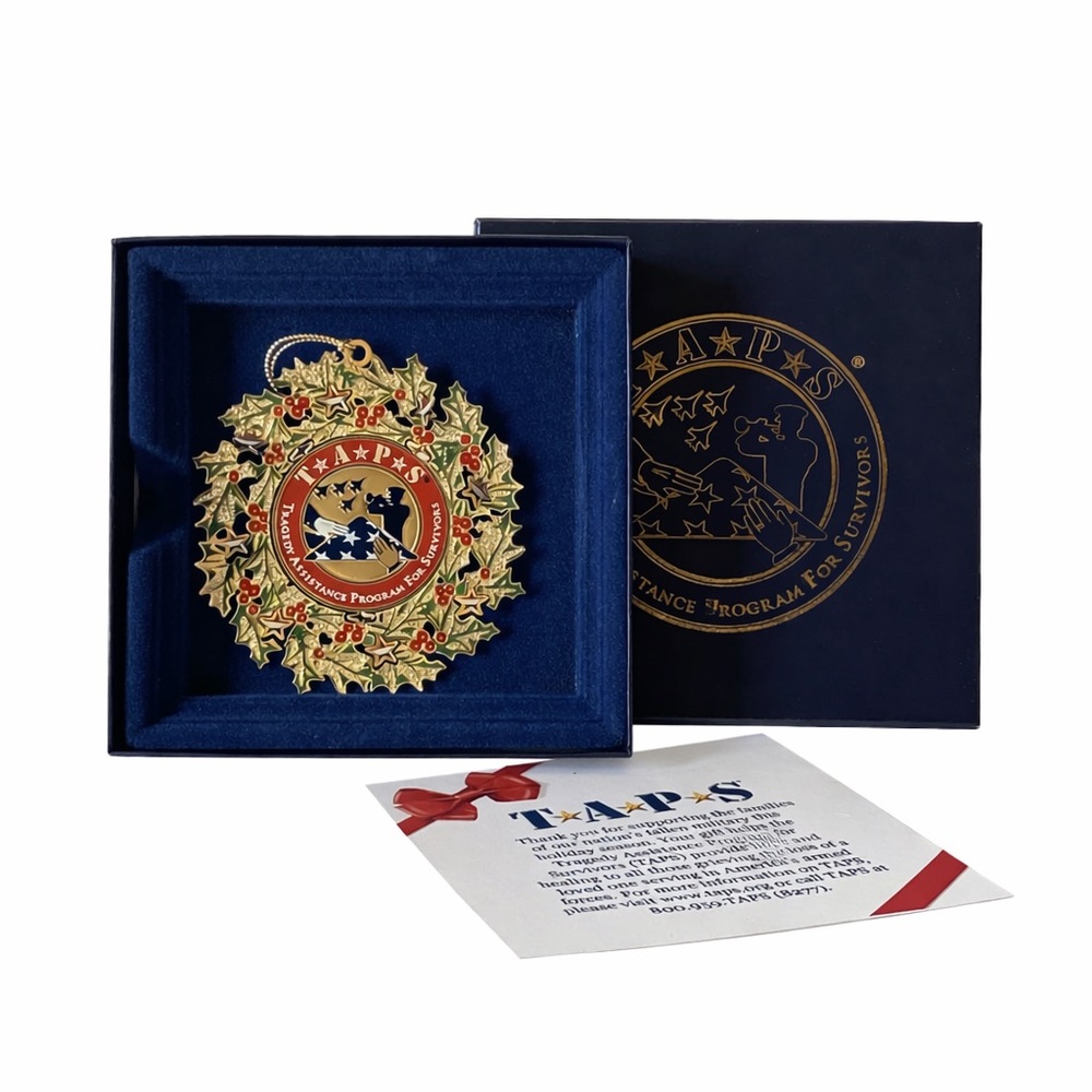 TAPS Gold Wreath Ornament w/ Info Card & Original Presentation Box, Military Mem